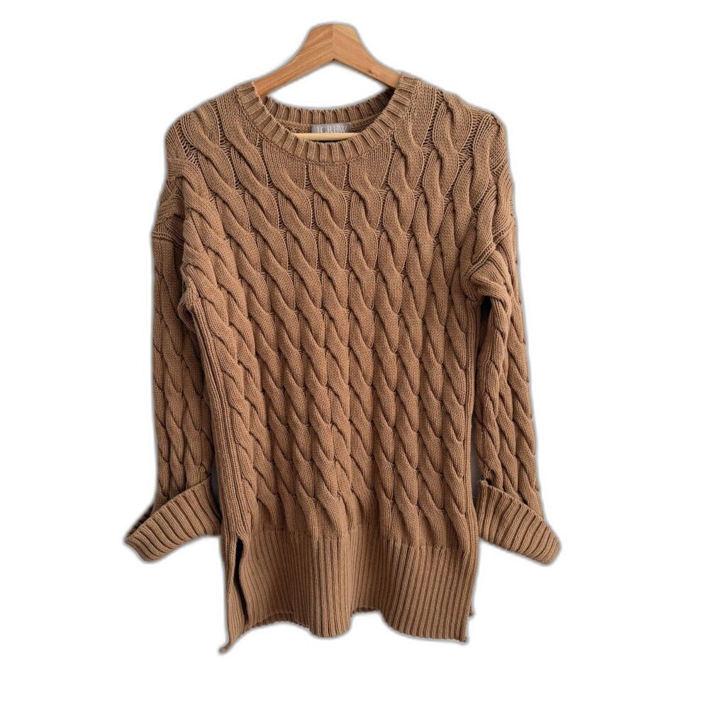 J.Crew Re-Imagined Cable Knit Sweater S-M Camel Brown Side Slit Cotton Blend